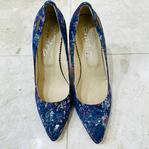 ZAPATO {38} Pumps Floral Fabric Blue Metallic Handmade - Picture 12 of 16